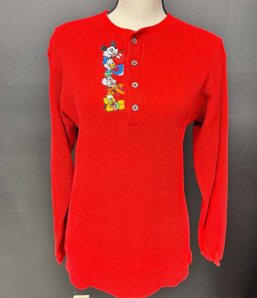 vintage men's small Disney embroidered waffle knit long sleeve henley tee shirt